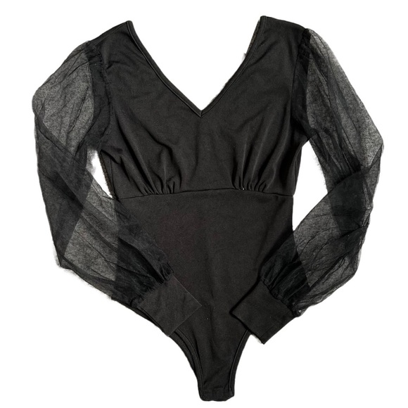 SHEIN BLACK V NECK BODYSUIT WITH LONG MESH PUFF SLEEVES SIZE SMALL - Picture 1 of 9